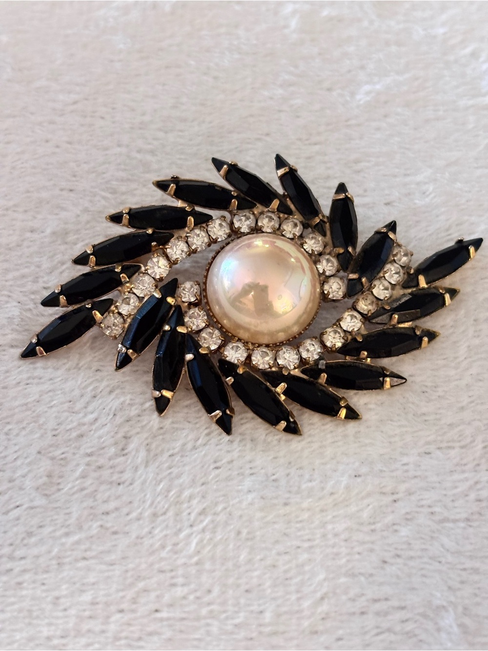 Vintage Jet Black Navette Rhinestone Faux Pearl Swirl Brooch Pin